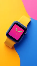 Smartwatch on bold tricolor background, minimal layout.