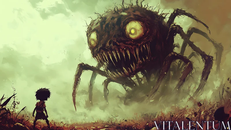 Child confronts giant many‑eyed monster in toxic mist