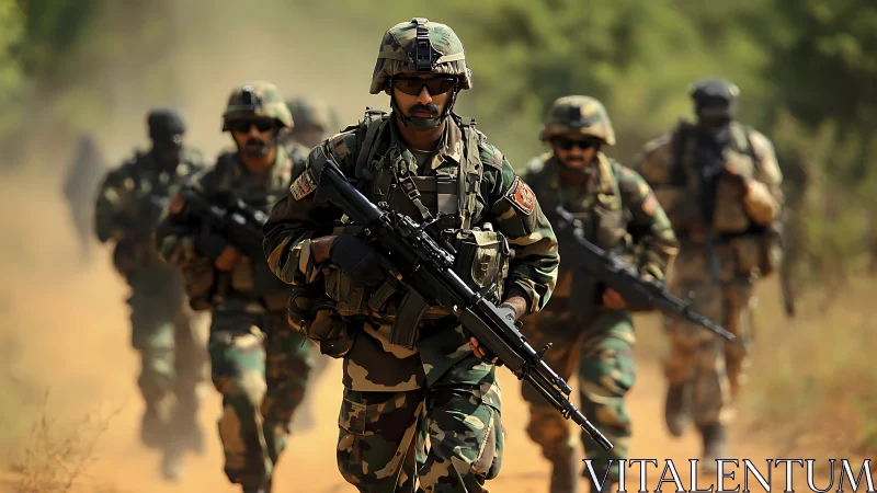 Photorealistic infantry squad advancing through dusty trail.