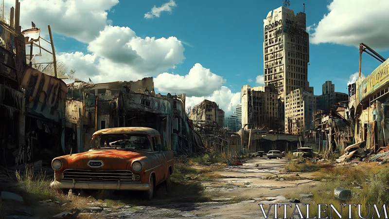 Rusting car in sunlit post apocalyptic city ruins.