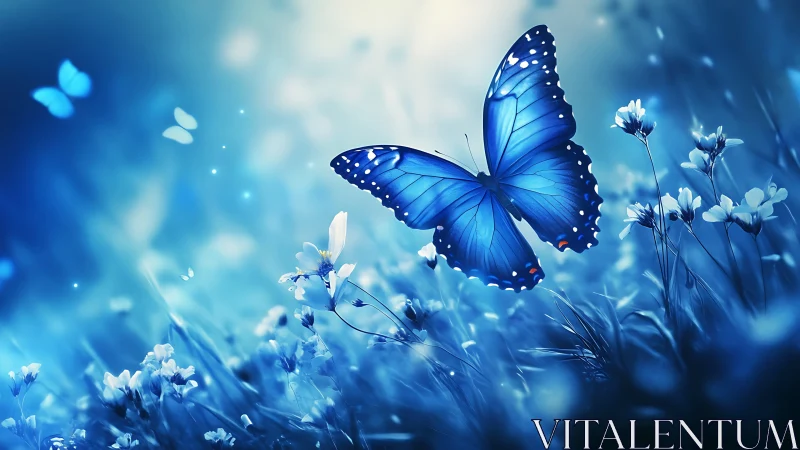 Luminous blue butterfly drifts through a dreamy twilight meadow