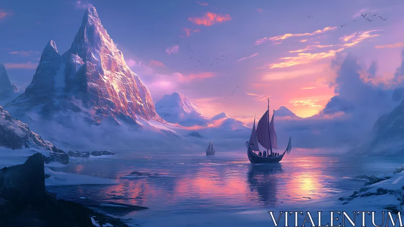 Viking longships crossing glacial fjord at luminous polar dusk