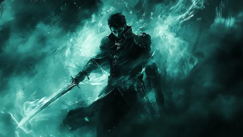 Mysterious sword-wielder rising from swirling teal mist.