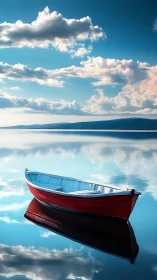 Solitary red rowboat mirrored on glassy blue lake surface