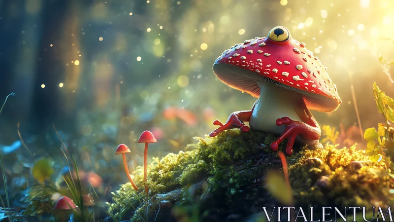 Curious mushroom creature relaxes in glowing forest light