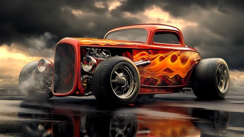 Custom hot rod coupe with flame paint on wet asphalt surface.