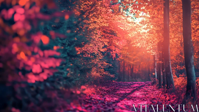 Forest pathway with autumn foliage under warm illumination.