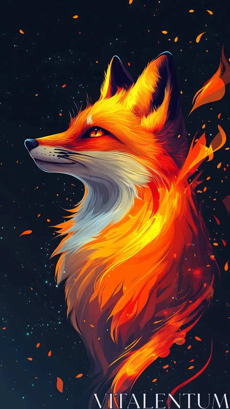 Fiery fox spirit gazes upward in swirling cosmic embers.