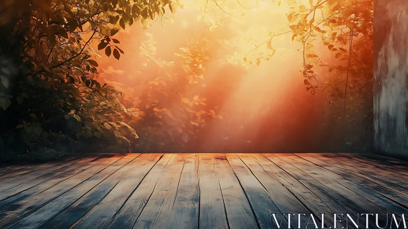 Luminous forest threshold over weathered plank platform.