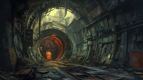 Abandoned industrial tunnel with glowing circular core.