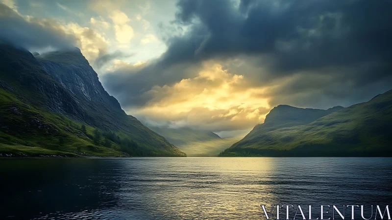 Photorealistic highland lake under dramatic storm-lit sky.