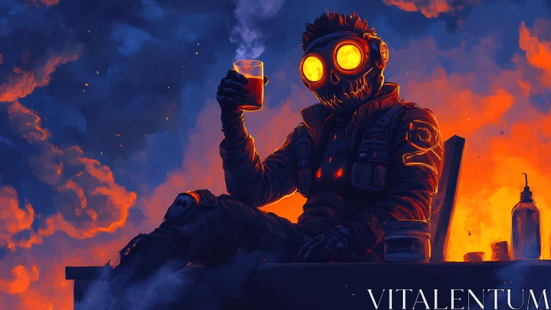 Postapocalyptic figure with glowing mask holds drink calmly.