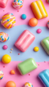 Vibrant 3D Candy & Soap Composition Against Split Pink-Blue.