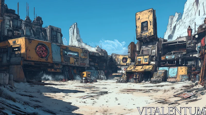 Desert industrial outpost with modular structures and cliffs.