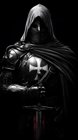 Hooded dark knight in plate armor grips sword in shadow