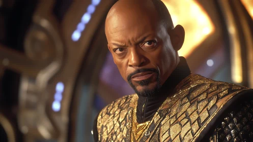 Regal sci-fi commander in ornate gold armor stares intensely.