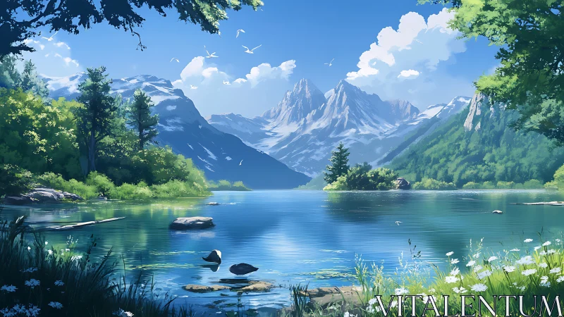 Mountain lake hush beneath sky-bright cathedral peaks.