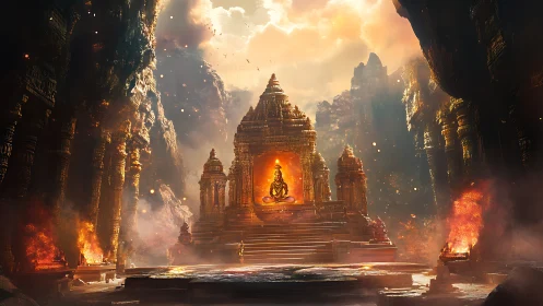 Sunlit mountain temple glowing with timeless quiet magic.