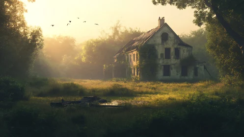 Backlit abandoned house in overgrown meadow with diffused morning haze