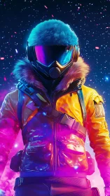 Neo-astronaut in neon parka amid cosmic particle storm.