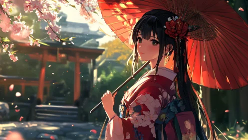 Kimono girl walks shrine path under glowing red umbrella