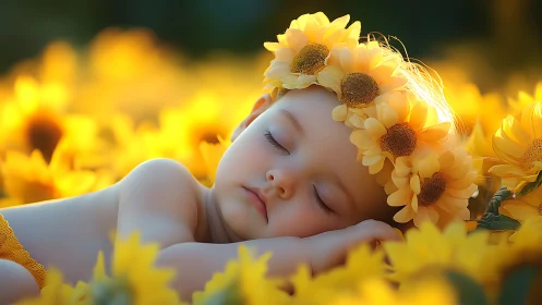Sleeping Infant Crowned with Daisy Flowers in Sunflower Field.