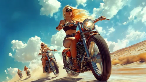 Blonde bikers race through sunlit desert highway skies.