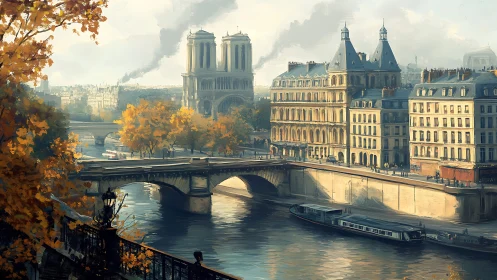 Digital painting of autumnal Paris riverside with bridges and spires.