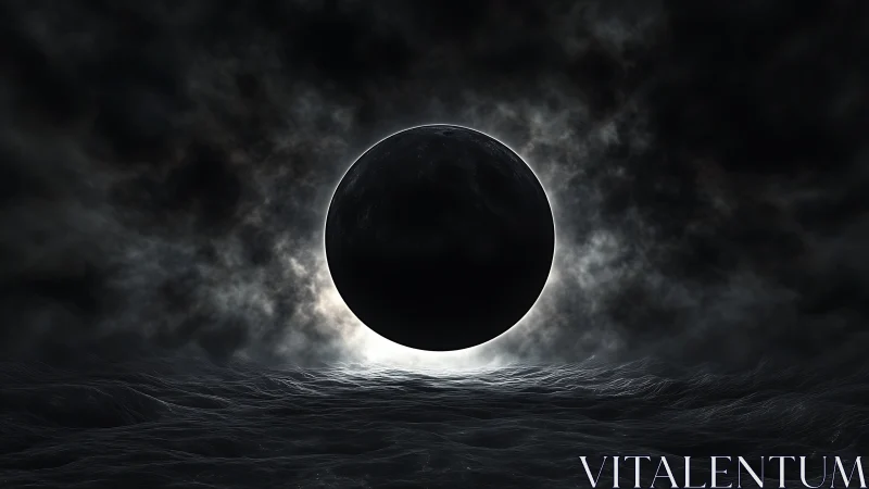 Midnight sphere hovers above stormlit cosmic tides in silence