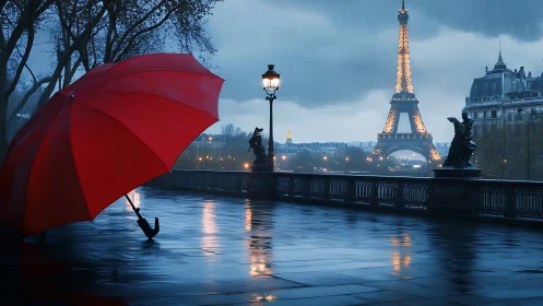 Scarlet umbrella serenades a rainy, lamplit Parisian night.