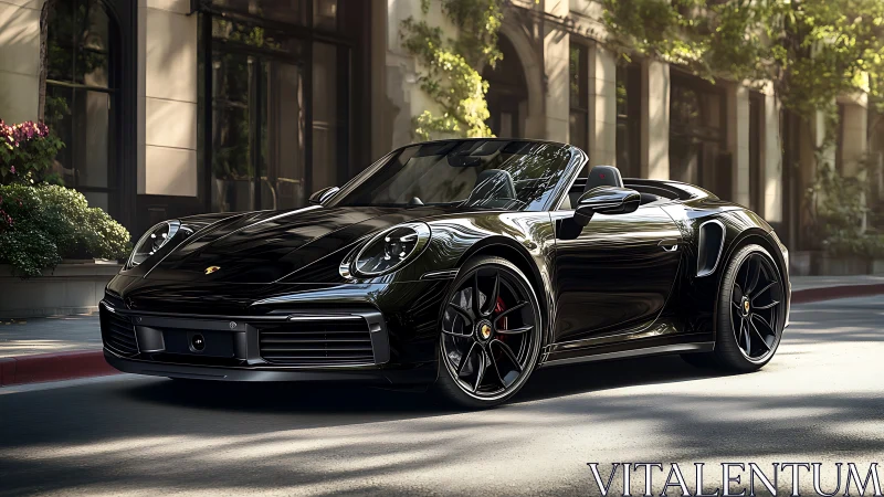 Black convertible sports car gleams on a sunlit city street