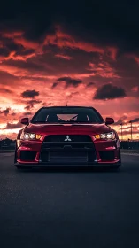 Red performance sedan cuts through darkening sunset sky