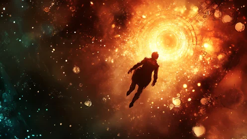 Silhouetted figure moving toward bright circular portal in space.