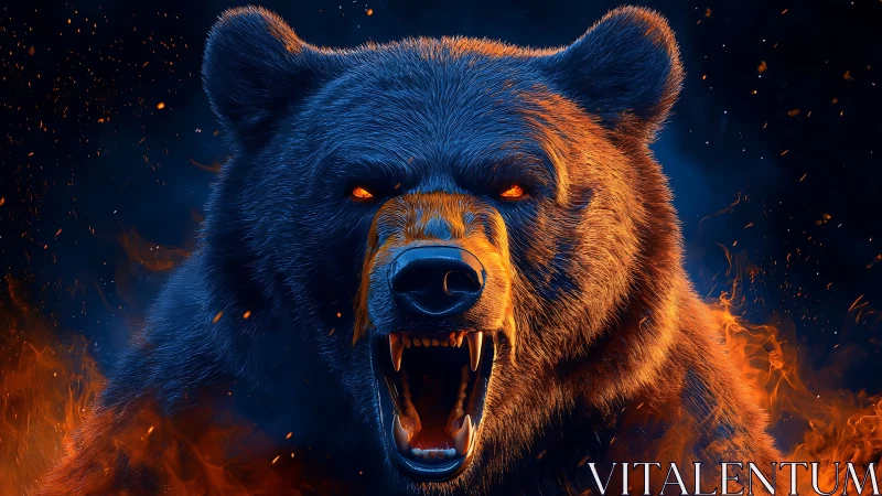 Fierce roaring bear engulfs inferno with neon firelight