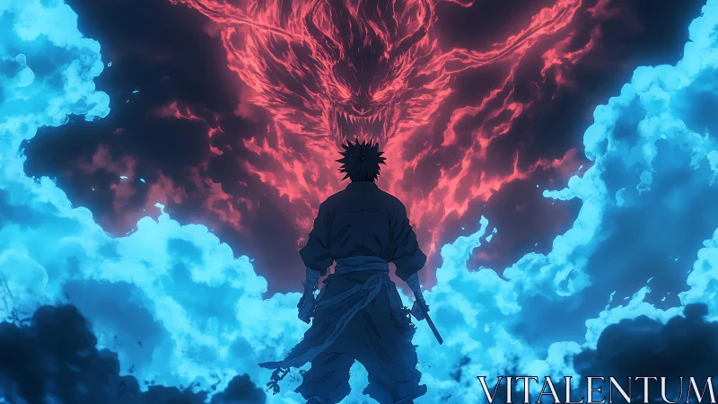 Samurai silhouette confronting bifurcated elemental dragon field.