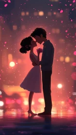 Couple silhouettes kissing with falling petals and warm glowing lights