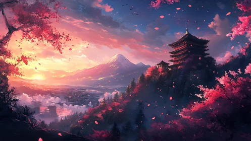 Sunset illuminates mountain temple amid vivid cherry blossoms