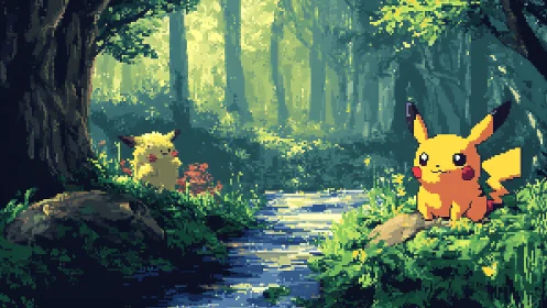 Pikachu Forest Stream Pixel Art Scene