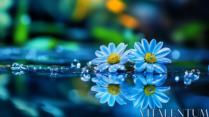 Blue daisies positioned on reflective surface with water droplets.