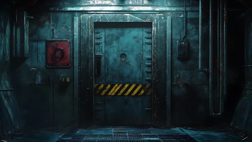 Industrial blast door in cyberpunk-grade bunker corridor.