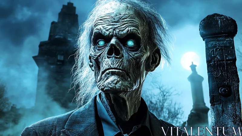 Undead skeletal figure stands in foggy graveyard at night
