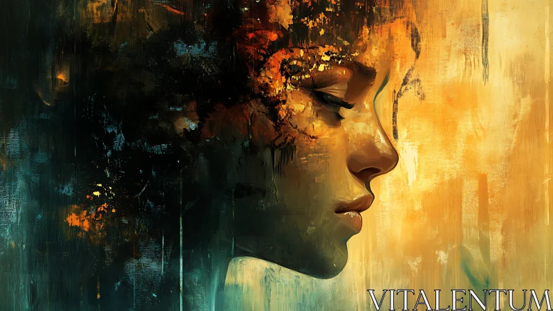 Side profile portrait amid abstract dark and golden textures.