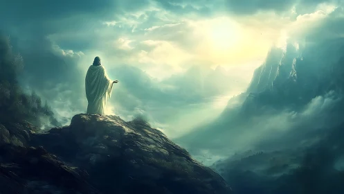 Solitary robed figure overlooks luminous misty mountain valley