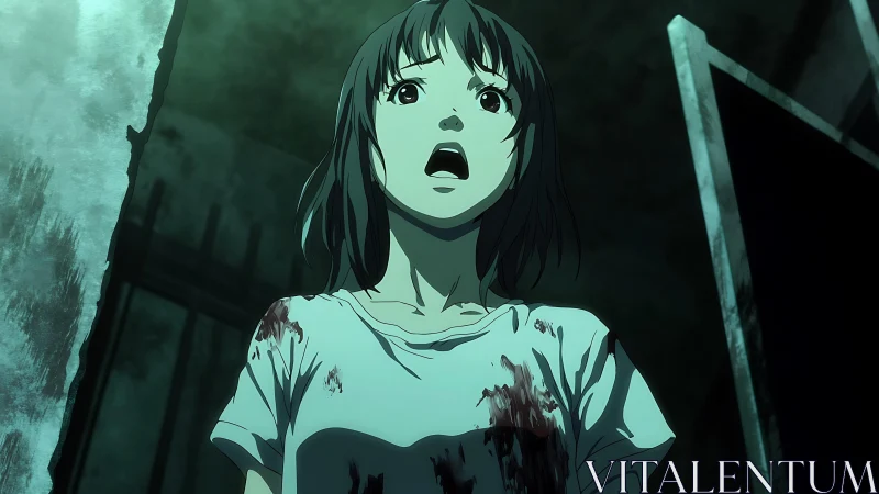 Pale corridor terror freezes a bloodstained girl mid‑breath