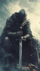 Weathered knight rests quietly with sword in drifting mist