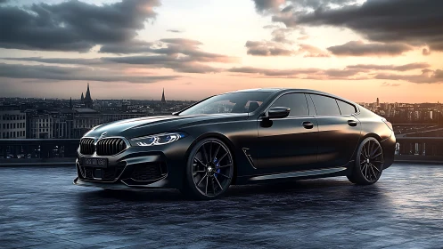Sleek black BMW coupe glowing against a soft city sunset.