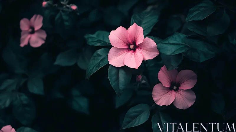 Pink hibiscus blooms against deep teal foliage with luminous contrast.