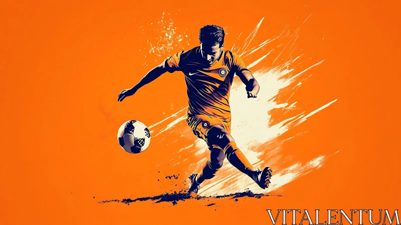 Dynamic orange footballer illustration with kinetic paint burst.