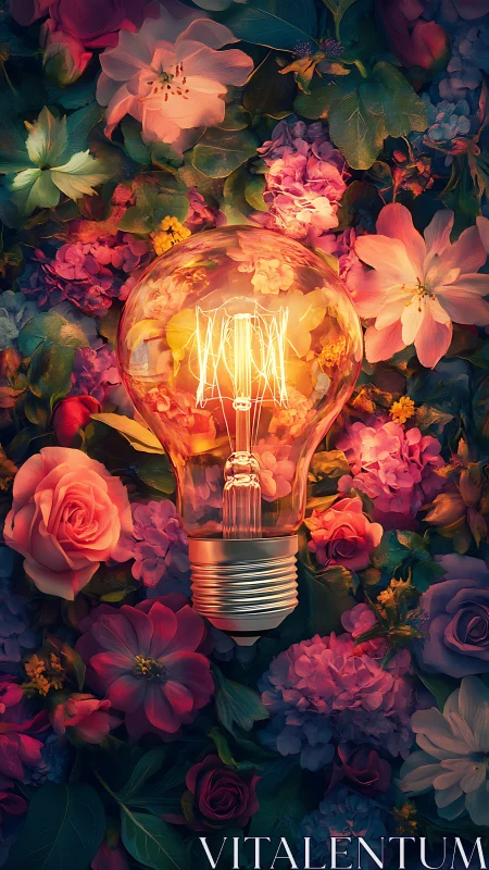 Illuminated glass light bulb centered in dense floral layout.