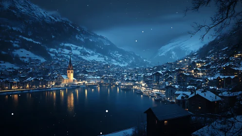 Snowy lakeside town glows under blue night lighting